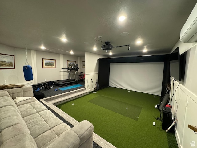 8122 S Willow Creek Cv, Cottonwood Heights, UT 84093 - playroom featuring golf simulator, a wall unit AC, and carpet flooring