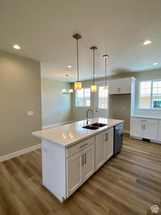 1688 N Centerpoint Ln, Salem, UT 84653 - kitchen with a sink, wood finished floors, dishwasher, white cabinetry, and recessed lighting