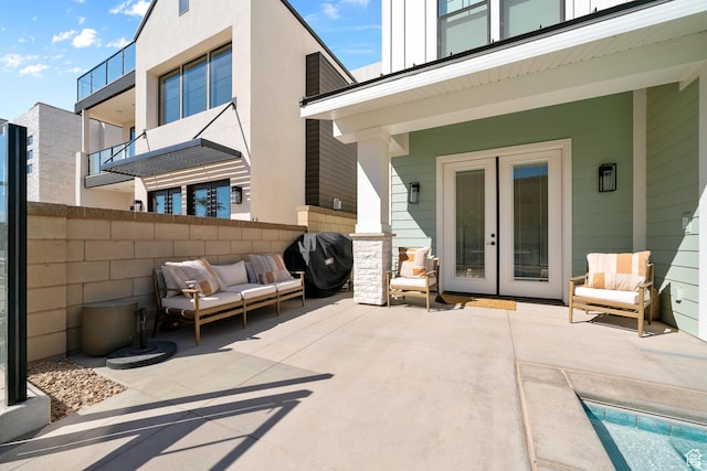 5466 S Persian Ln, St George, UT 84790 - view of patio featuring french doors, an outdoor hangout area, and a grill