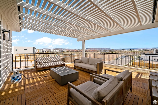 5466 S Persian Ln, St George, UT 84790 - wooden terrace with a mountain view, an outdoor living space, and a pergola