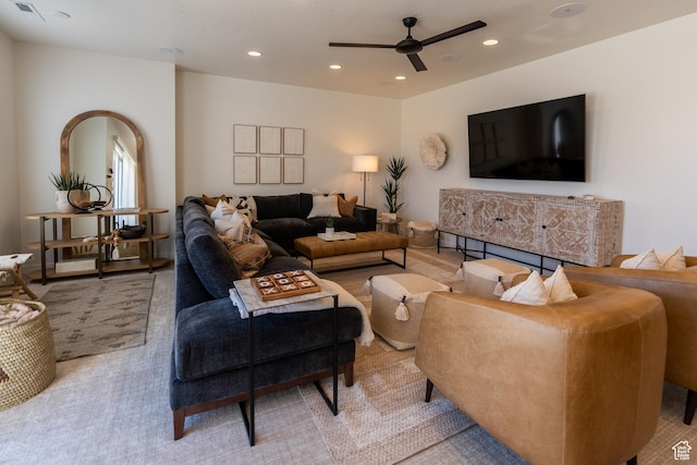 5355 S Cyan Ln, St George, UT 84790 - living room with light carpet and ceiling fan