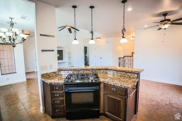 kitchen with black gas range oven, pendant lighting, high vaulted ceiling, dark brown cabinetry, and ceiling fan with notable chandelier