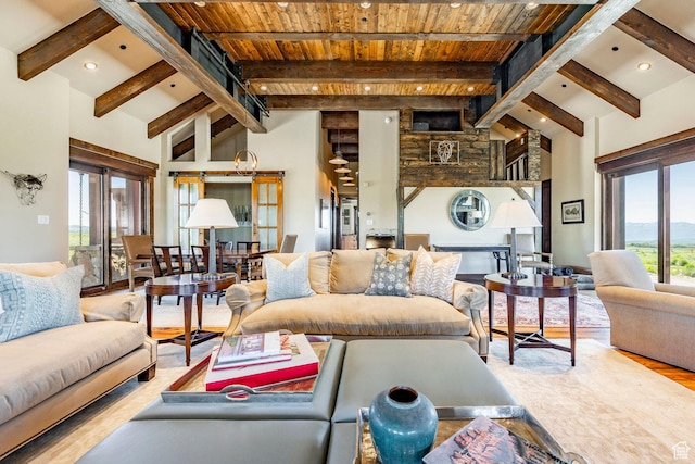 10454 E Forest Creek Rd, Kamas, UT 84036 - living area with wooden ceiling, high vaulted ceiling, beam ceiling, and a wealth of natural light