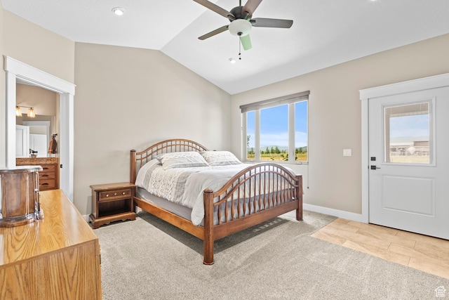 84 W 2100 N, Kamas, UT 84036 - bedroom with ceiling fan, light tile patterned floors, light colored carpet, baseboards, and vaulted ceiling