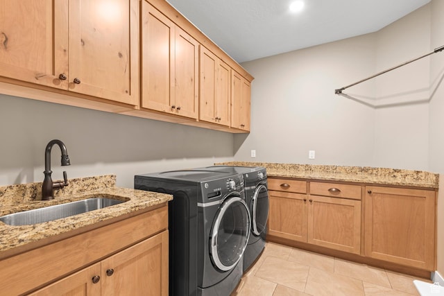 84 W 2100 N, Kamas, UT 84036 - laundry area with cabinet space, a sink, washer and clothes dryer, and light tile patterned flooring