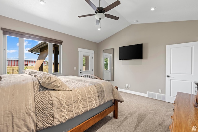 84 W 2100 N, Kamas, UT 84036 - carpeted bedroom featuring visible vents, baseboards, a ceiling fan, lofted ceiling, and access to outside