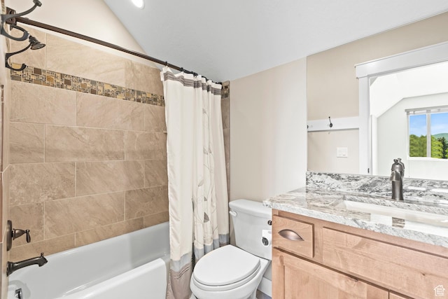 84 W 2100 N, Kamas, UT 84036 - full bathroom with toilet, vaulted ceiling, shower / tub combo with curtain, and vanity