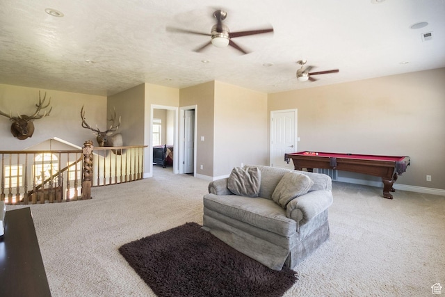 living room with visible vents, ceiling fan, carpet flooring, and billiards