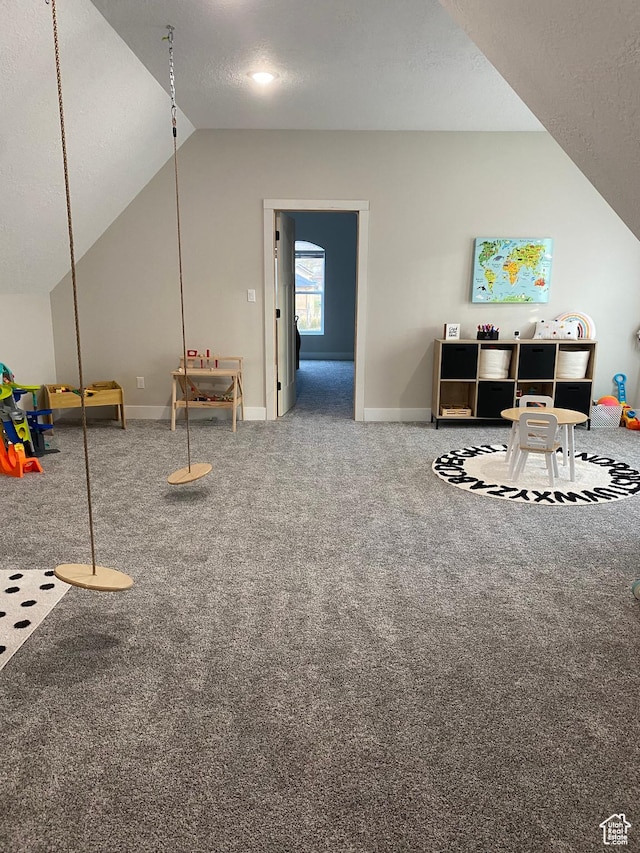 40 E 200 N, Castle Dale, UT 84513 - playroom featuring carpet flooring, a textured ceiling, and lofted ceiling