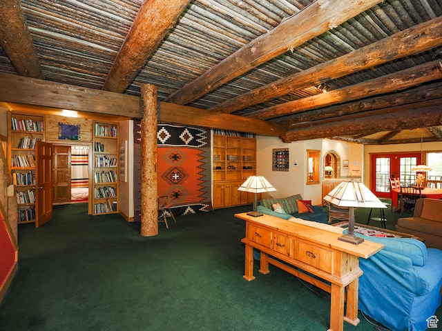 2718 E Stewart Rd, Sundance, UT 84604 - carpeted living room featuring built in shelves and beam ceiling