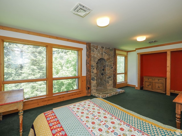 2718 E Stewart Rd, Sundance, UT 84604 - bedroom with dark carpet and a stone fireplace
