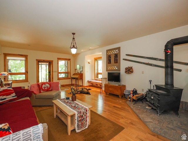 2718 E Stewart Rd, Sundance, UT 84604 - living room with a wealth of natural light, hardwood / wood-style flooring, and a wood stove