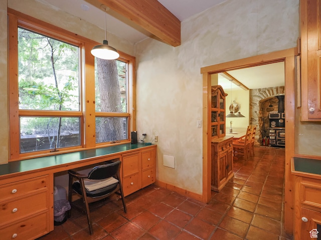 2718 E Stewart Rd, Sundance, UT 84604 - home office with beamed ceiling, built in desk, and dark tile floors