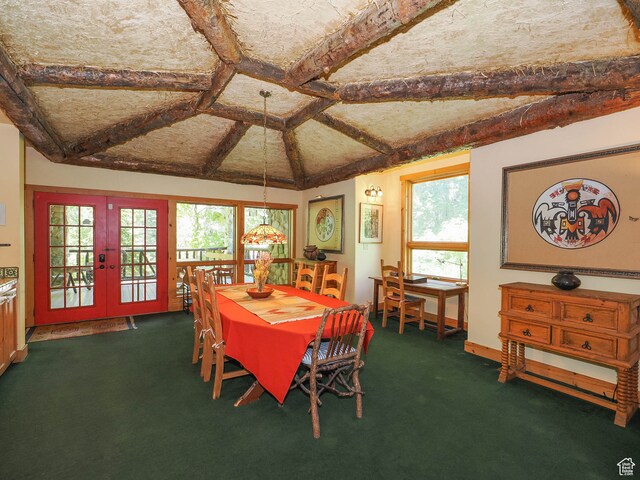 2718 E Stewart Rd, Sundance, UT 84604 - carpeted dining room featuring coffered ceiling, beam ceiling, and french doors