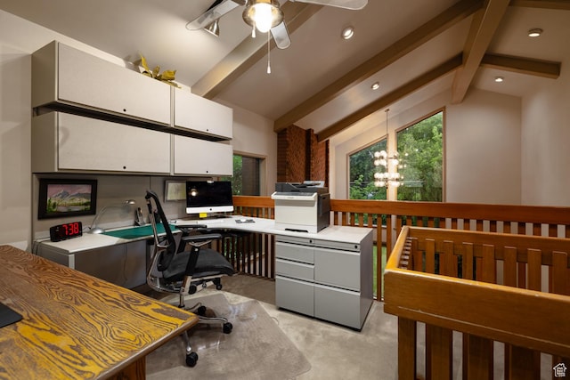 office space with recessed lighting, lofted ceiling with beams, and ceiling fan with notable chandelier