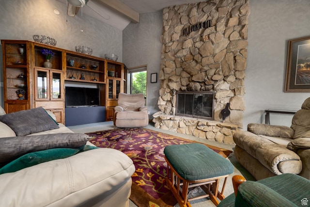 living room featuring beam ceiling, high vaulted ceiling, a ceiling fan, and a fireplace