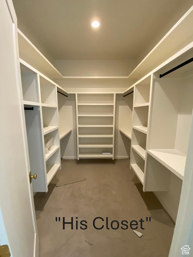 spacious closet with dark colored carpet