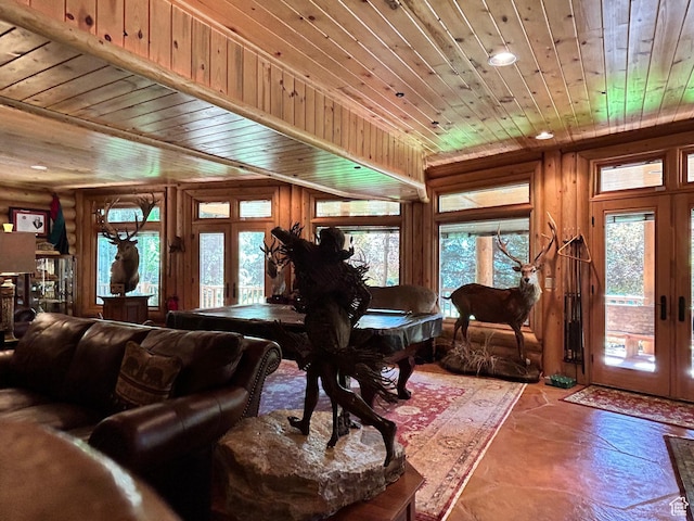 303 Rachel Ln S, New Harmony, UT 84757 - living room featuring french doors, wooden walls, and wooden ceiling