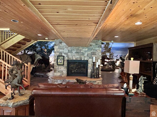 303 Rachel Ln S, New Harmony, UT 84757 - living room featuring a stone fireplace and wooden ceiling