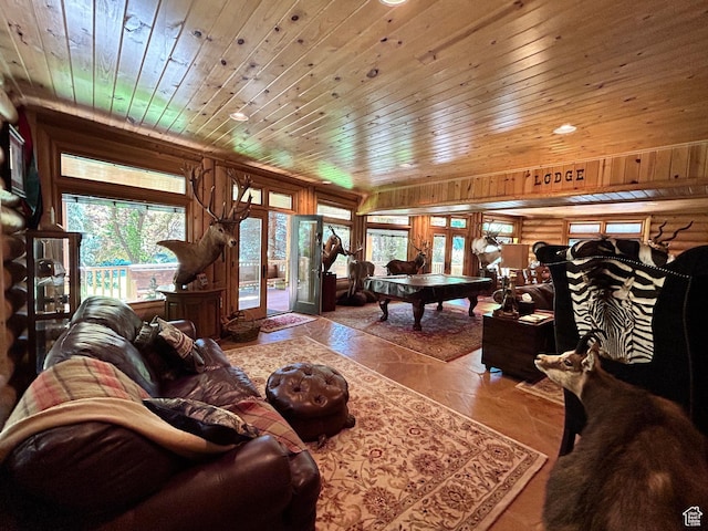 303 Rachel Ln S, New Harmony, UT 84757 - living room with wooden walls, wood ceiling, and french doors