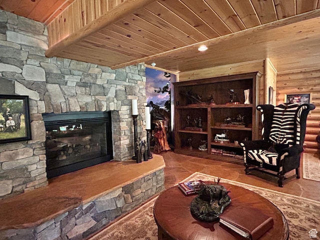 303 Rachel Ln S, New Harmony, UT 84757 - interior space with wooden ceiling, beam ceiling, and a fireplace