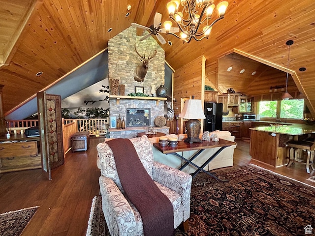 303 Rachel Ln S, New Harmony, UT 84757 - living room featuring a fireplace, dark wood-type flooring, wooden ceiling, and a chandelier