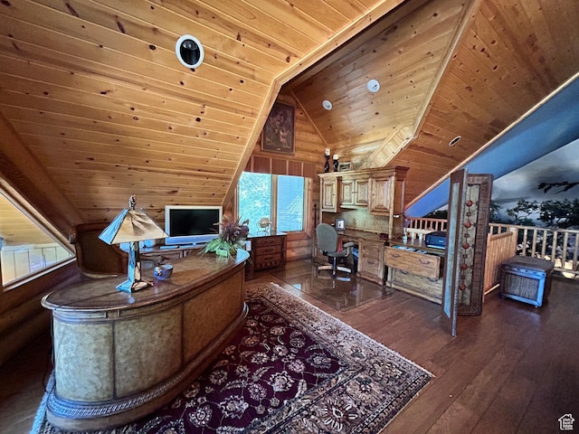 303 Rachel Ln S, New Harmony, UT 84757 - office featuring vaulted ceiling, rustic walls, wooden ceiling, and dark hardwood / wood-style flooring