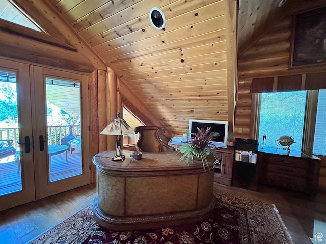 303 Rachel Ln S, New Harmony, UT 84757 - office space with hardwood / wood-style flooring, vaulted ceiling, log walls, and wood ceiling