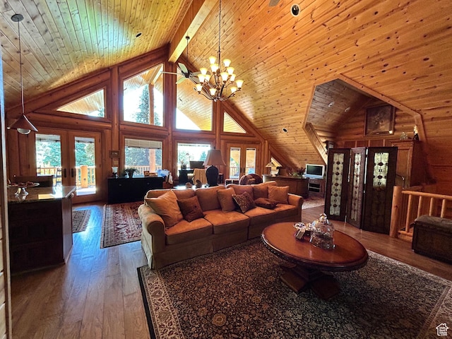 303 Rachel Ln S, New Harmony, UT 84757 - living room with hardwood / wood-style floors, high vaulted ceiling, beamed ceiling, wooden ceiling, and french doors