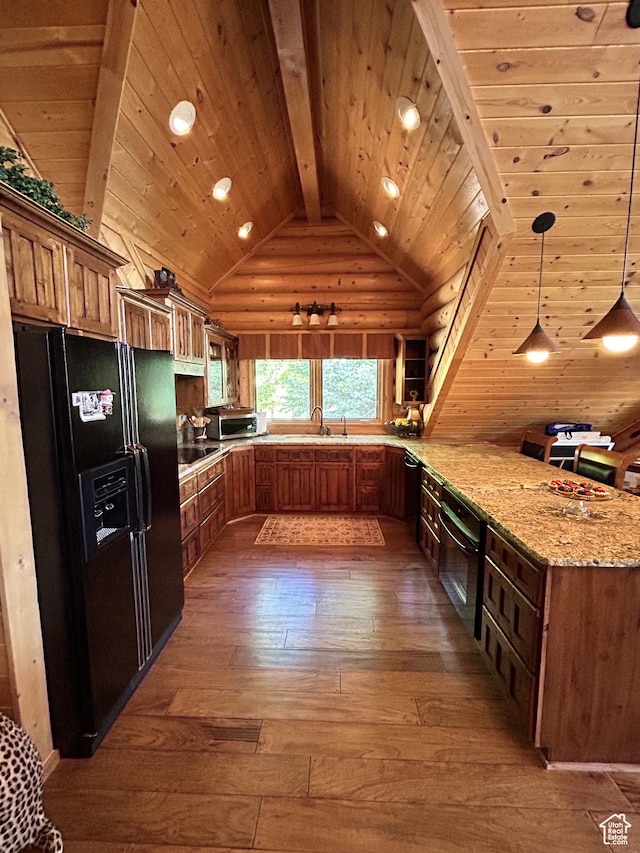 303 Rachel Ln S, New Harmony, UT 84757 - kitchen featuring hanging light fixtures, light stone counters, black appliances, wooden ceiling, and kitchen peninsula