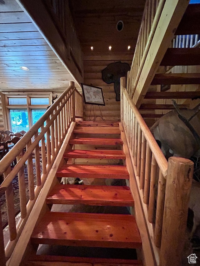 303 Rachel Ln S, New Harmony, UT 84757 - stairway with wood ceiling and rustic walls