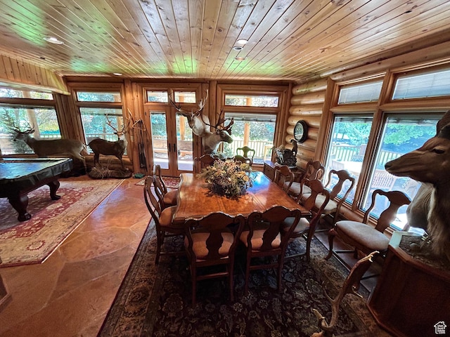 303 Rachel Ln S, New Harmony, UT 84757 - dining room with billiards, rustic walls, wood ceiling, and french doors
