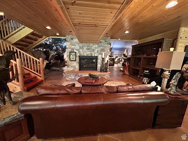 303 Rachel Ln S, New Harmony, UT 84757 - living room with wooden ceiling and an outdoor stone fireplace