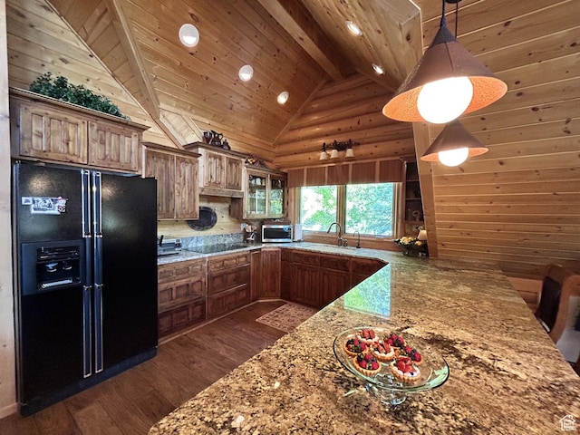 303 Rachel Ln S, New Harmony, UT 84757 - kitchen with sink, hanging light fixtures, kitchen peninsula, stone counters, and black appliances
