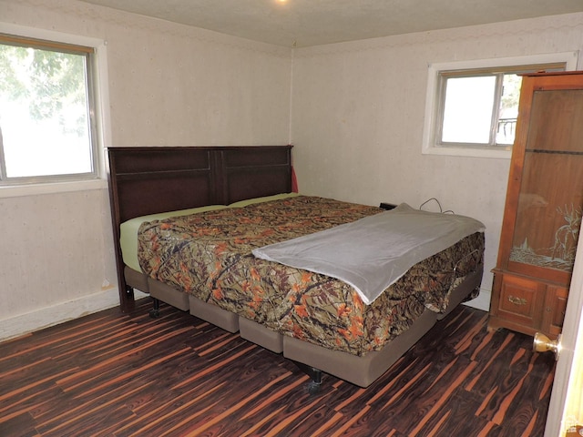 bedroom with multiple windows and dark wood-type flooring