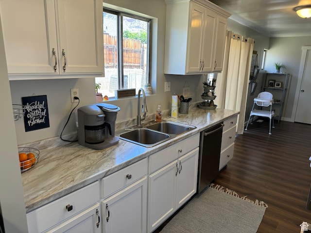 339 Berkley Ave, East Carbon, UT 84520 - kitchen with baseboards, white cabinetry, dark wood-type flooring, stainless steel dishwasher, and a sink