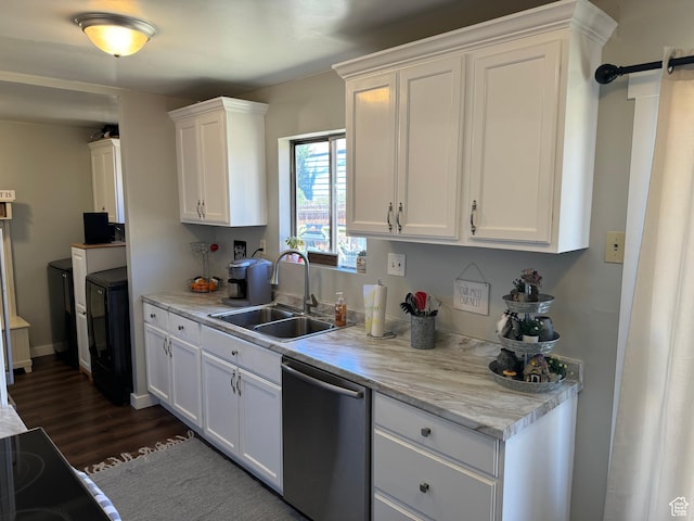 339 Berkley Ave, East Carbon, UT 84520 - kitchen with baseboards, dark wood-style floors, white cabinetry, stainless steel dishwasher, and a sink