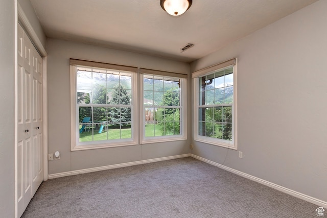 unfurnished bedroom with carpet floors, multiple windows, and a closet