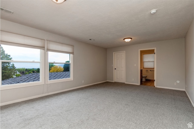 interior space featuring carpet floors, ensuite bathroom, and a textured ceiling