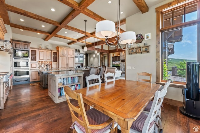 1355 W Red Hawk Trl Unit 35, Park City, UT 84098 - dining area featuring dark wood-style floors, baseboards, coffered ceiling, and beam ceiling