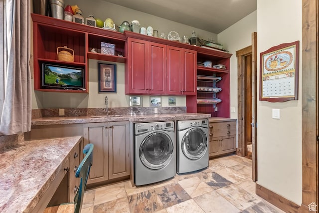 1355 W Red Hawk Trl Unit 35, Park City, UT 84098 - clothes washing area with stone finish floor, a sink, cabinet space, and washer and dryer