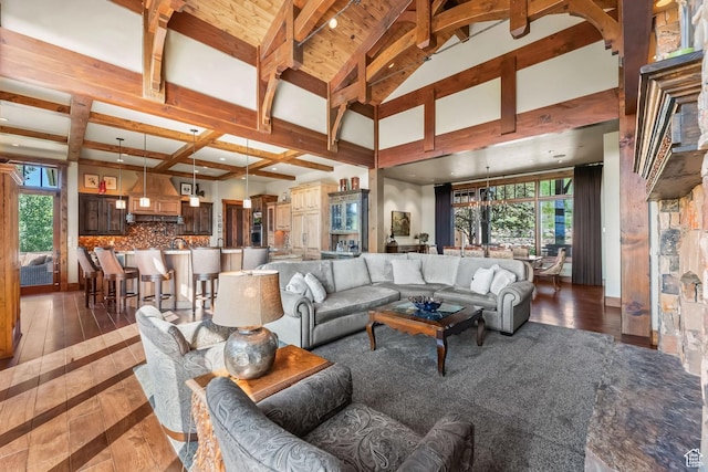 1355 W Red Hawk Trl Unit 35, Park City, UT 84098 - living area with high vaulted ceiling and beamed ceiling