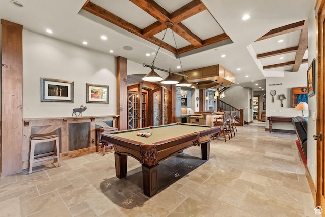 1355 W Red Hawk Trl Unit 35, Park City, UT 84098 - rec room featuring recessed lighting, stone tile floors, pool table, coffered ceiling, and beam ceiling
