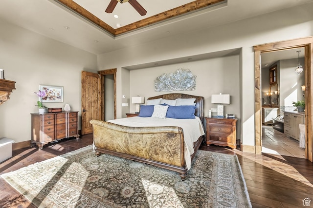 1355 W Red Hawk Trl Unit 35, Park City, UT 84098 - bedroom with recessed lighting, a ceiling fan, baseboards, a tray ceiling, and wood-type flooring