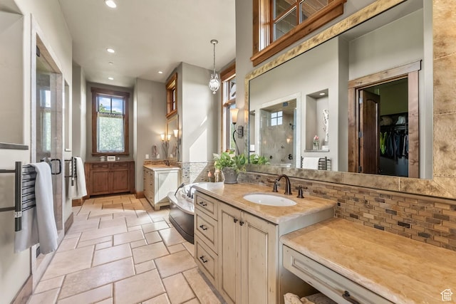 1355 W Red Hawk Trl Unit 35, Park City, UT 84098 - bathroom with recessed lighting, stone tile flooring, backsplash, vanity, and walk in shower