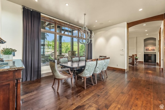 1355 W Red Hawk Trl Unit 35, Park City, UT 84098 - dining room featuring dark wood-style flooring, a fireplace, recessed lighting, an inviting chandelier, and baseboards