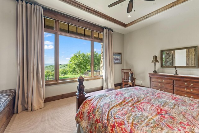 1355 W Red Hawk Trl Unit 35, Park City, UT 84098 - bedroom with baseboards, a raised ceiling, a ceiling fan, carpet, and crown molding