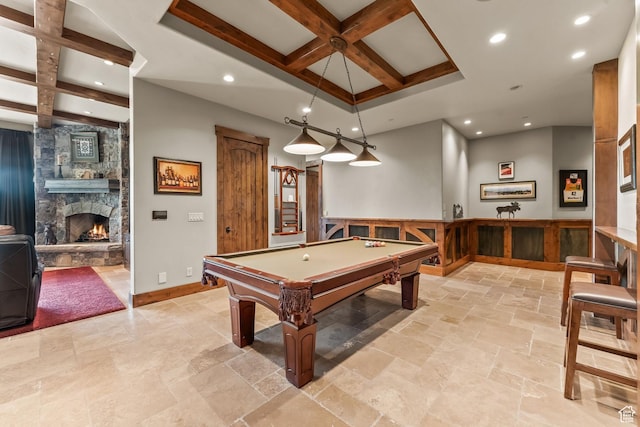 1355 W Red Hawk Trl Unit 35, Park City, UT 84098 - rec room featuring stone tile floors, coffered ceiling, beamed ceiling, and a stone fireplace