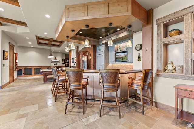 1355 W Red Hawk Trl Unit 35, Park City, UT 84098 - bar featuring arched walkways, recessed lighting, baseboards, decorative backsplash, and stone tile flooring