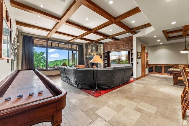 1355 W Red Hawk Trl Unit 35, Park City, UT 84098 - playroom with recessed lighting, stone tile floors, coffered ceiling, baseboards, and beam ceiling